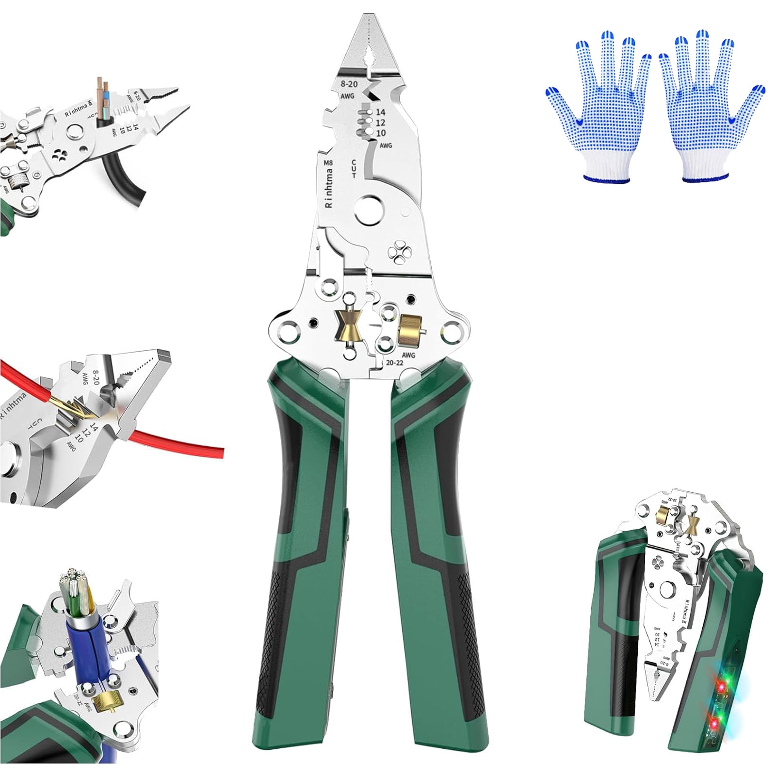 16 in 1 Wire Stripper Twister for Cutting and Pulling Wires, Multifunctional Foldable 16 in 1 Cable Scissors with Voltage Tester, Professional Electrician Tool for DIY Home Use (GREEN)