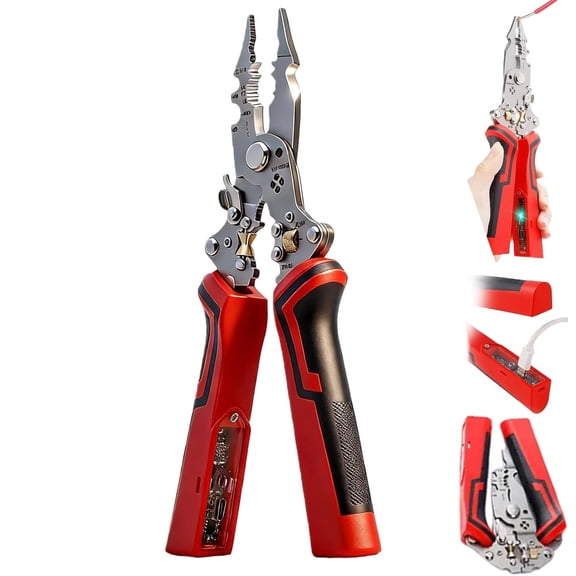 16 in 1 Wire Stripper - USB Rechargeable High-Carbon Steel Pliers with Voltage Tester, Live/Null/Hot Wire Judgment, Cable Scissors, Cutting Pulling Crimping, Audible Flashing Alarms (A, Red)
