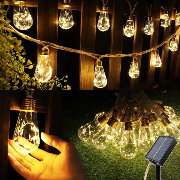 10 LED Solar Outdoor String Lights Rustic Hemp Rope Design 8 Ambiance Modes Solar Powered Ideal for Gardens, Stage Lighting, Courtyards, Fences, Eaves and Wedding Decorations