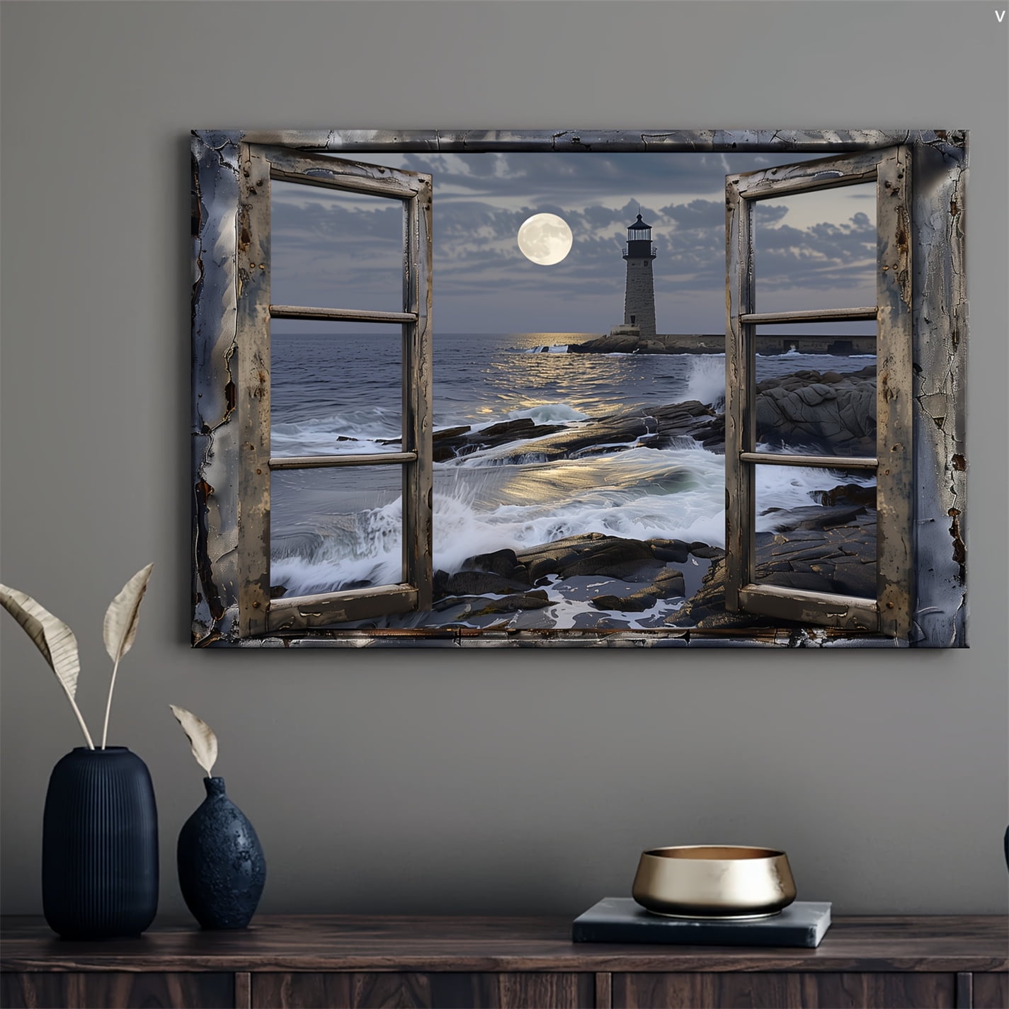A lighthouse in the middle of an ocean storm Wall Art Canvas Unframed
