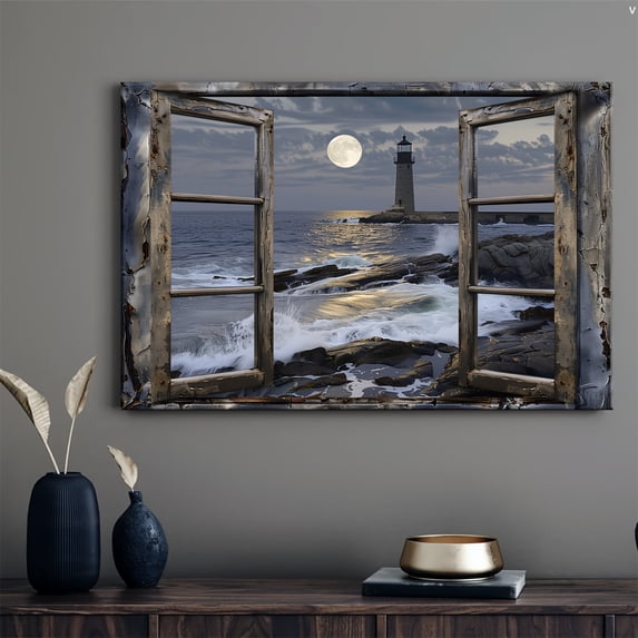 16*12inch Wooden Framed Canvas Painting Coastal Lighthouse& Beach Scene Modern Nautical Wall Art for Living Room Bedroom Bathroom Decor