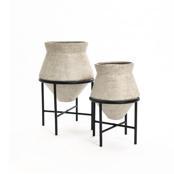 Langford Home 16"/13" Metal Cachepot Cauldron 2PC Set with Black Stands, Distressed White