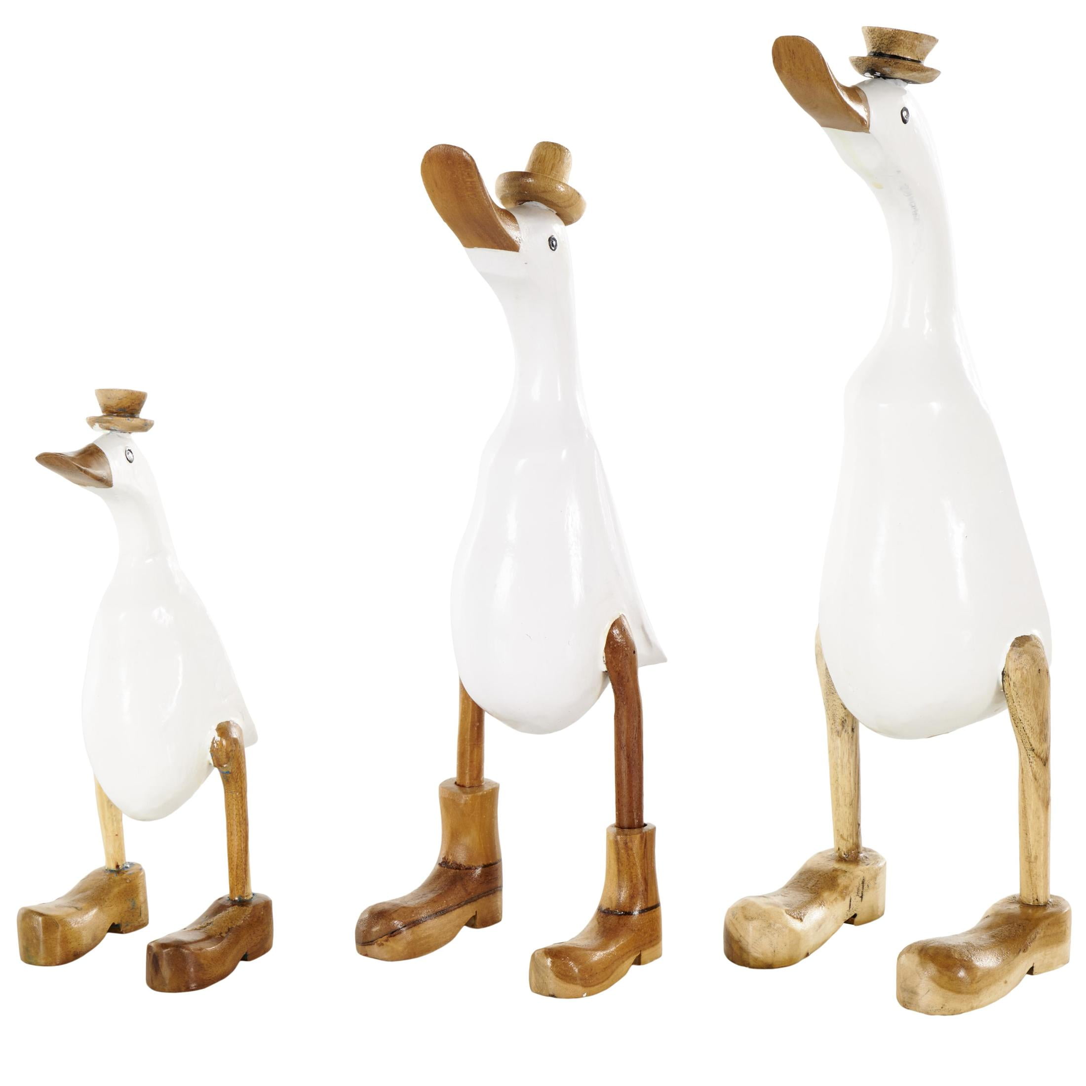 16", 14", 11"H White Bamboo Wood Duck Sculpture with Brown Top Hats and Shoes, by DecMode (3 Count)