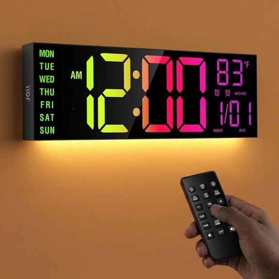 16.15 inch Large Digital Wall Clock, RGB Lights with Remote Control, Dual Alarms with Big LED Display, Auto DST, C / F Temperature for Classroom, Birthday Gift, Senior