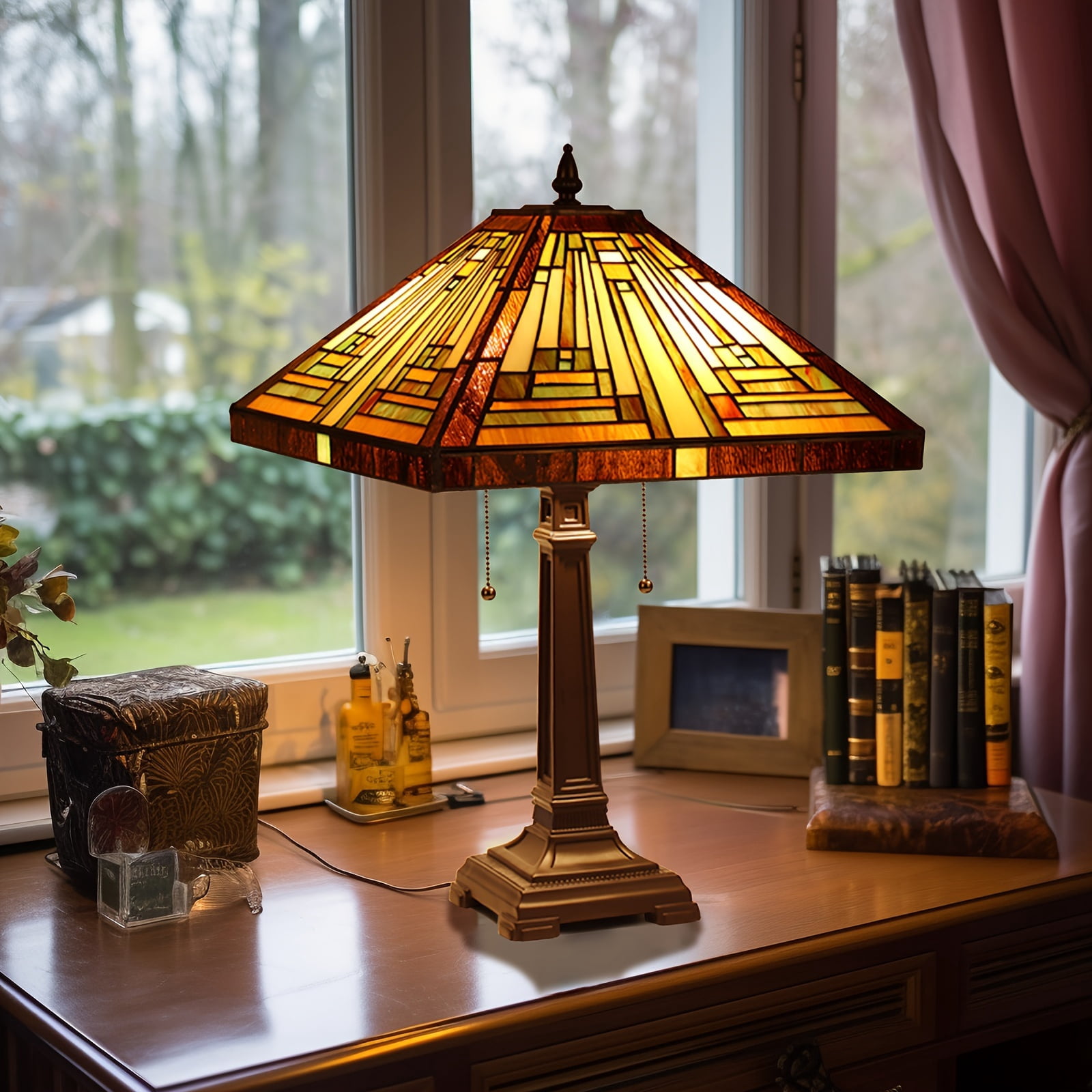 16×16×24 Inch Vintage Stained Glass Table Lamp, Mission Style ...