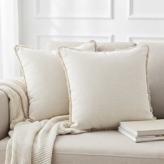 16×16 Cream White Decorative Fringe Organic Cotton Throw Pillow Covers Boho Farmhouse Cushion Cover with Tassels Linen Like Textured Accent Pillowcases for Bed Couch Chair Sofa Living Room Set of 2