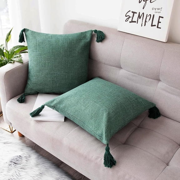 1616 Inch Decorative Natural Cotton Linen Throw Pillow Covers Boho Farmhouse Pillow Cover with Tassels Pack of 2, Accent Outdoor Pillowcase Sofa Cushion Livingroom Home Decor, Green