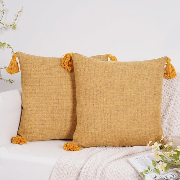 1616 Inch Decorative Natural Cotton Linen Throw Pillow Covers Boho Farmhouse Pillow Cover with Tassels Pack of 2, Accent Outdoor Pillowcase Sofa Cushion Livingroom Home Decor, Yellow