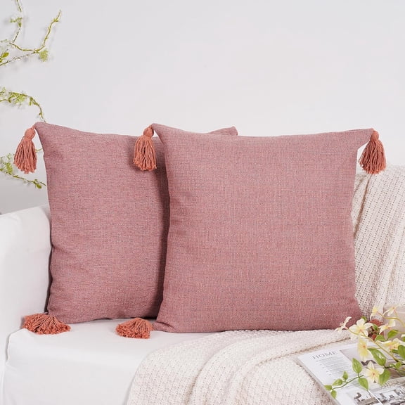 1616 Inch Decorative Natural Cotton Linen Throw Pillow Covers Boho Farmhouse Pillow Cover with Tassels Pack of 2, Accent Outdoor Pillowcase Sofa Cushion Livingroom Home Decor, Rose Pink