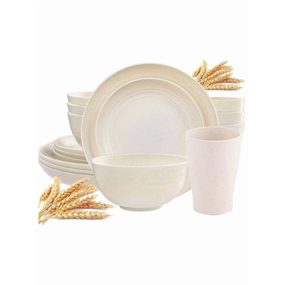 16/17/32Pcs Wheat Straw Dinnerware Set - Unbreakable Lightweight Tableware for 4/8, Microwave & Dishwasher Safe, Perfect for Camping & Daily Use, Ideal Gift