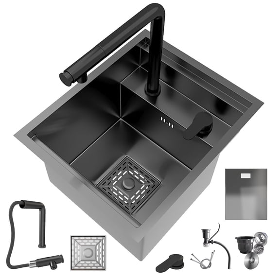 16″×17″ Hidden Bar Sink，Stainless Steel Kitchen Sink, Small Single Bowl,Topmount RV with Lid ,Cup Washer,Up and down Pull-out Faucet Undermount Space-Saving