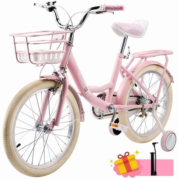 16/18 Inch Bike Kids Bicycle with Basket, Girls Bikes Ages 5-10, Kids Bicycles with Front and Rear Brakes, Kid Bike with Training Wheels, Kickstand, Rear Seat