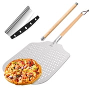 16*18  Perforated Pizza Peel Aluminum Pizza Paddle With 2 Wood Handle and Pizza Cutter, Pizza Spatula, Pizza Oven Accessories, Pizza Tools