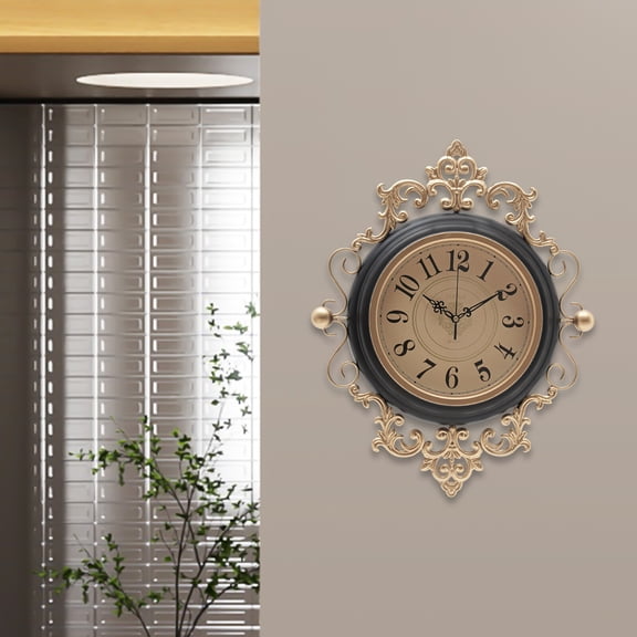 16*19in Modern Wall Mount Black+Gold Metal Retro Wall Clock for Living Room, Hallway