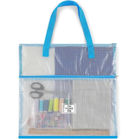 16.1x16.1inch Sew Project Bag Jumbo Needlepoint Project Bag for Sewing Quilting Craft Organizer Storage Portable Vinyl Mesh Zipper Pouch with Handle for Quilter Crafter Art Stitching(Blue)