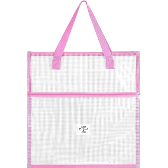 16.1x16.1inch Sew Project Bag Jumbo Needlepoint Project Bag for Sewing Quilting Craft Organizer Storage Portable Vinyl Mesh Zipper Pouch with Handle for Quilter Crafter Art Stitching(Pink)