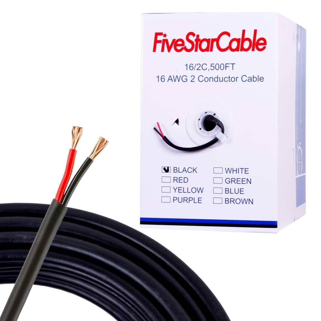 [FiveStarCable] 16-2 Audio Cable 500ft – Black High-Power Speaker Wire for Residential & Commercial Wiring