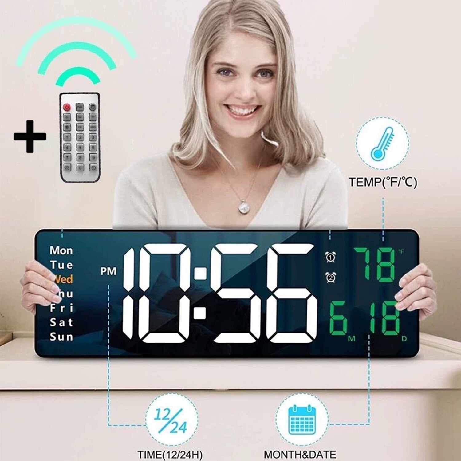 16.2 Inch LED Digital Wall Clock with Remote, Large Display LED Digital ...