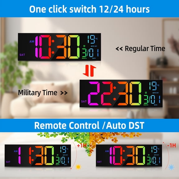 16.2'' Large Digital Wall Clock with Remote - LED Dual Alarm, 8 RGB Colors, Auto Brightness/Date/Temp/Night Light, Auto DST, Decor for Living Room/Bedroom/Office/Gym