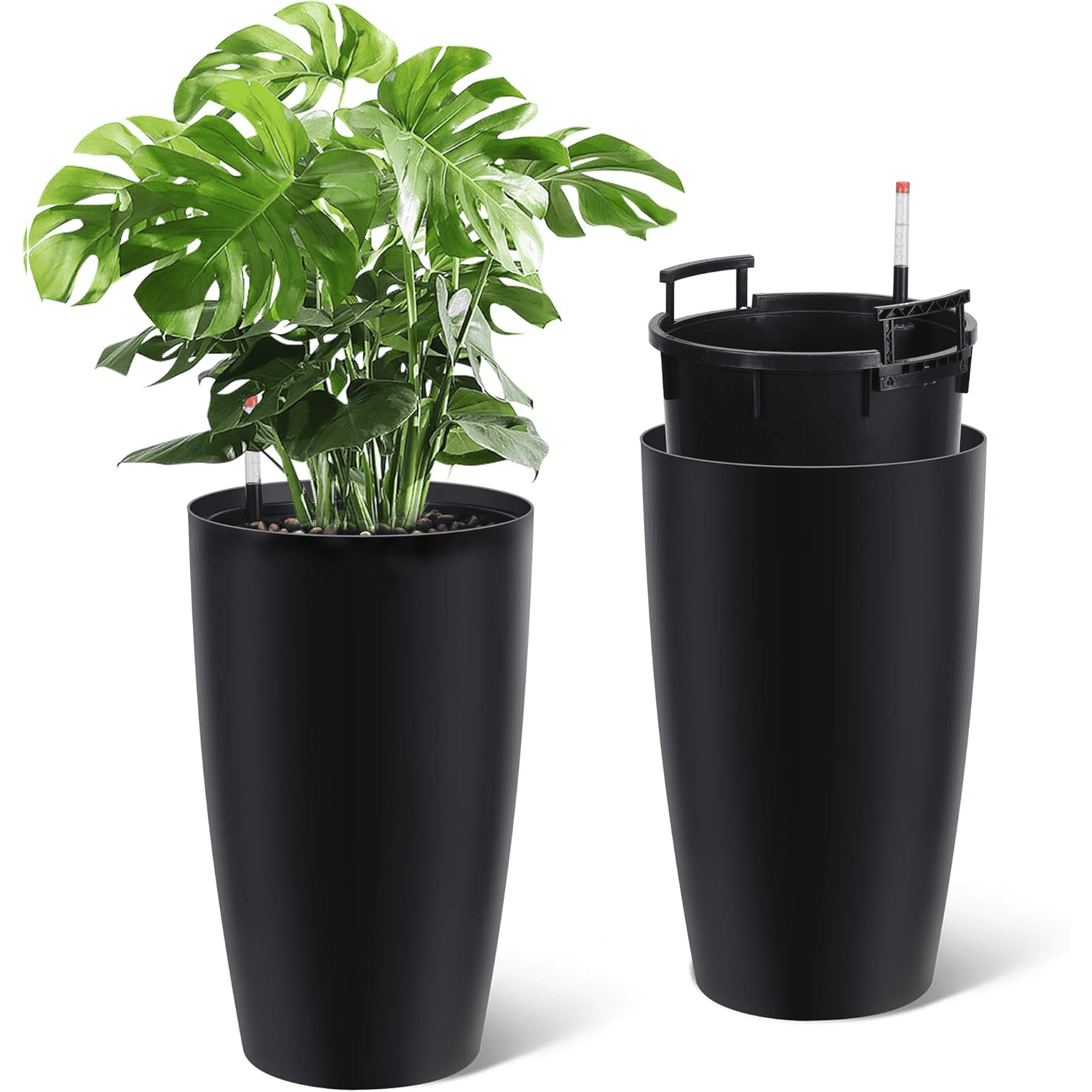 16"/22" Tall Planters (Set of 2) - Self-Watering Indoor Plant Pots with Drainage & Water Level Indicator, Modern Flower Pots for Patio, Living Room & Office