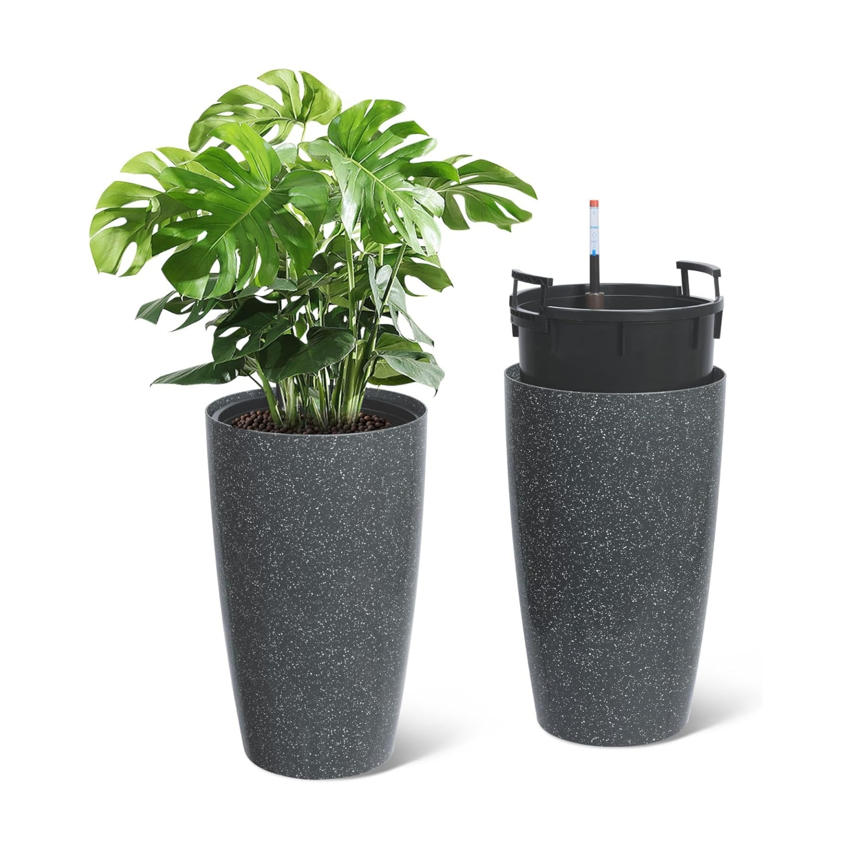 16/22" Tall Round Planter Set of 2, Self Watering Pots for Indoor Plants, Large Flower Pot Outdoor with Built-in Drainage and a Water Level Monitor, for Patio, Porch, Living Room, or Home Office