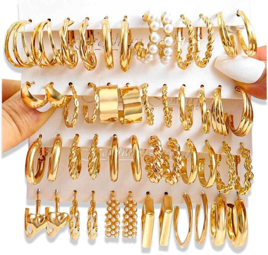 POFO 16-24 Pairs Gold Silver Black Earring Set For Women, Chunky Earring Multipack Punk Trendy Big Small Stud Hoop Earring Lightweight Twisted Pearl Ear Pack For Daily Birthday Party Gift[H14]