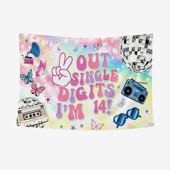16*24INM 14th Birthday Decorations Banner for Girls Peace Out Single Digits I'm 14 Backdrop Happy 14th Birthday Party Banner Backdrop 14-Year-Old Music Singer Birthday Photo Background for 14th
