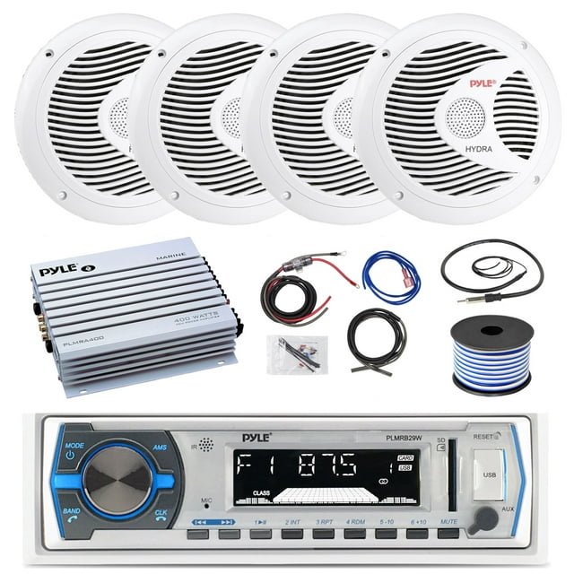 16-25' Bay Boat: Pyle Bluetooth Marine Stereo Receiver, 4 x Pyle 150W 6.5'' Marine Speakers (White), Pyle 4 Channel Waterproof Amplifier, Pyle Amp Install Kit, 18 Gauge 50 FT Speaker Wire, Antenna