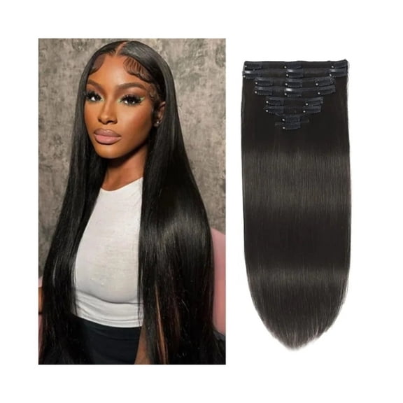 16"-26" Clip in Human Hair Extensions 120g 8 Pieces with 18 Clips Natural Black Double Weft Brazilian Remy Hair Thick Silky Straight Hair Extensions