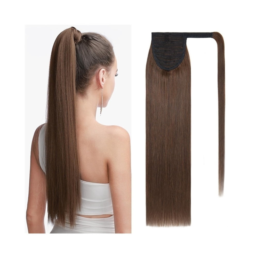 16-26 Inch Ponytail Extension Human Hair #2 Dark Brown Long Straight Wrap Around Ponytail Remy Hair Clip in Hair Extensions Ponytail Hairpiece