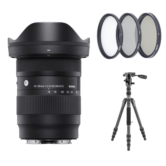 16-28mm f/2.8 DG DN Contemporary Lens for Sony E, Bundle with Vanguard VEO 2 GO 235CB Travel Tripod and Ball Head, 72mm Filter Kit, Cleaning Kit