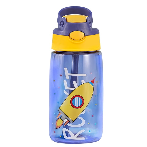 16.2Oz Leak-proof Kids Water Bottle with Straw Push Button Sport Water Bottle for Kids Crab Ship Jellyfish Rocket