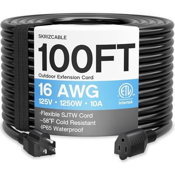 16/3 100 Ft Outdoor Extension Cord Waterproof, Weatherproof & Flame Retardant Black 3 Prong Power Cord Outside for Lawn & Garden, 16AWG 10A 1250W 125V SJTW ETL Listed$$Tools & Hardware Other