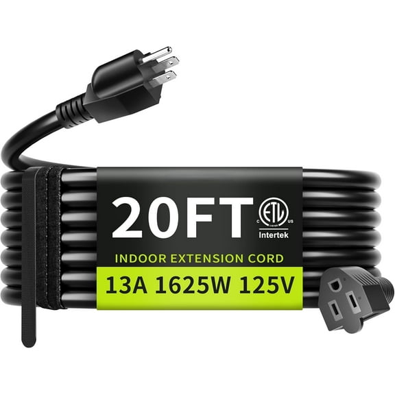 16/3 Black 20 FT Extension Cord, Indoor Extension Cord for Laptops, Coffee Makers, Office Home Appliances, 3 Prong Resistant Cable Flexible, 13A 125V 1625W ETL Listed