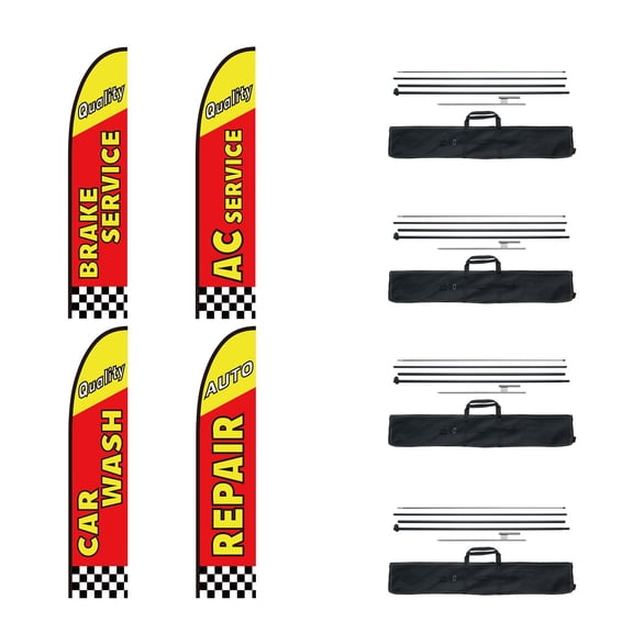 16.3 FT Auto Repair Advertising Feather Flag Kit with 4 Banner Flags, 4 Poles and 4 Ground Stakes, Outdoor Swooper Sign Set for Business Promotion, Storefront Displays, Events and Roadside Marketing