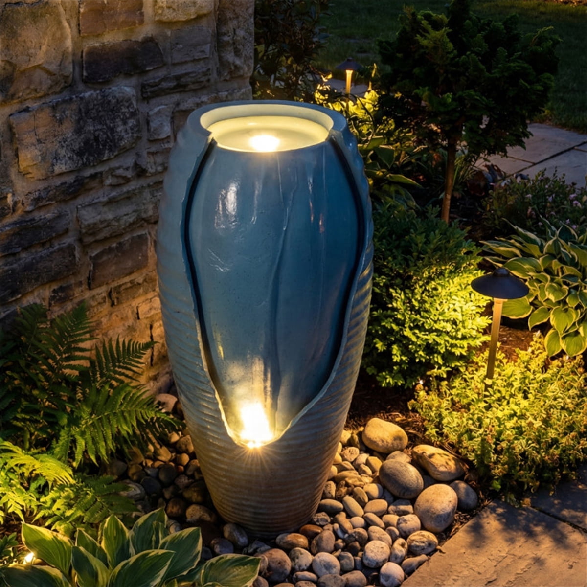 16"×32" Outdoor Cracked Jar Water Fountain with 12 LED Lights Resin Fiberglass Patio Water Feature Blue Glazed Adjustable Flow Indoor Outdoor Use