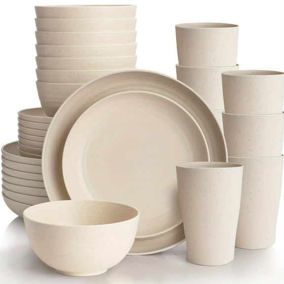 16/32-Piece Wheat Straw Dinnerware Set - Unbreakable Plates, Bowls & Cups - Dishwasher/Microwave Safe for Camping & Everyday