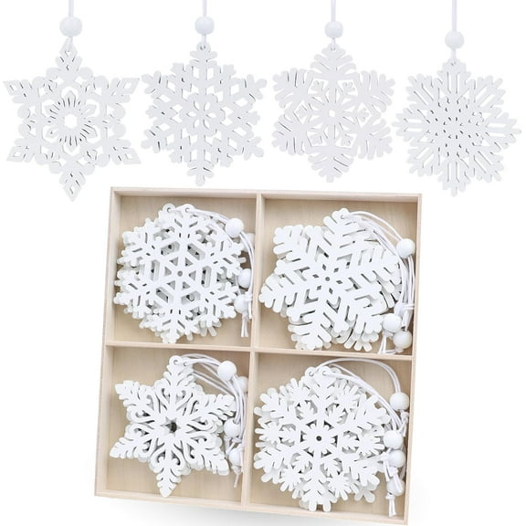 16/32 Pieces Wooden Snowflake Ornaments, 3 Inch White Christmas Tree Decorations for Home Winter Garland