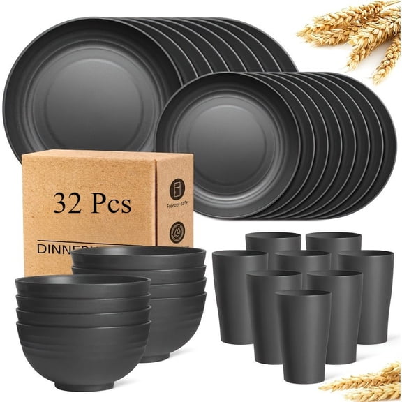 16/32Pcs Black Wheat Straw Tableware Set for 8, Microwave Safe Plates Bowls, Valentine Party Durable Dinnerware Gift