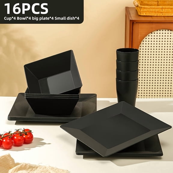 16/32pcs Kitchen Plastic Wheat Straw Tableware Set, 4/8 People, Plates, Dessert Plates, Cereal Bowls, Cups, Unbreakable Black Plastic Outdoor Camping Tableware, Black Wheat Straw Tableware