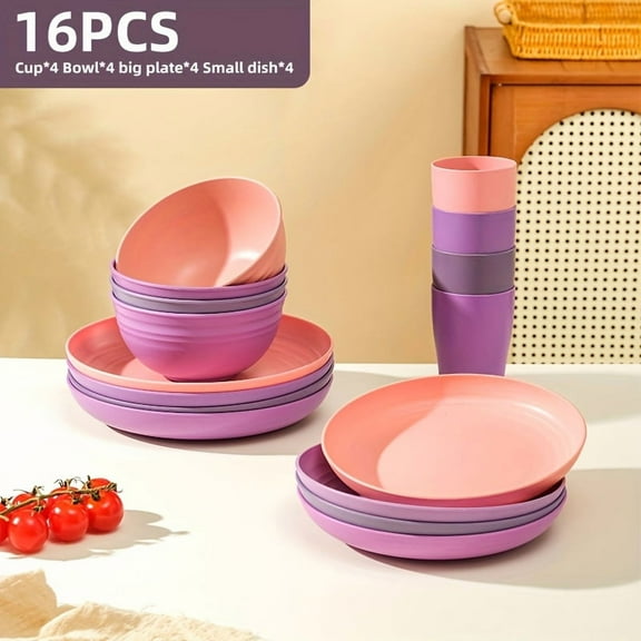 16/32pcs Kitchen Plastic Wheat Straw Tableware Set, 4/8 People, Plates, Dessert Plates, Cereal Bowls, Cups, Unbreakable Black Plastic Outdoor Camping Tableware, Black Wheat Straw Tableware