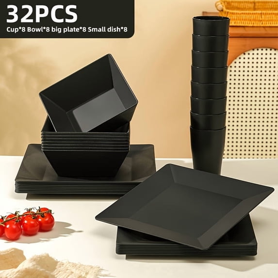 16/32pcs Kitchen Plastic Wheat Straw Tableware Set, 4/8 People, Plates, Dessert Plates, Cereal Bowls, Cups, Unbreakable Black Plastic Outdoor Camping Tableware, Black Wheat Straw Tableware