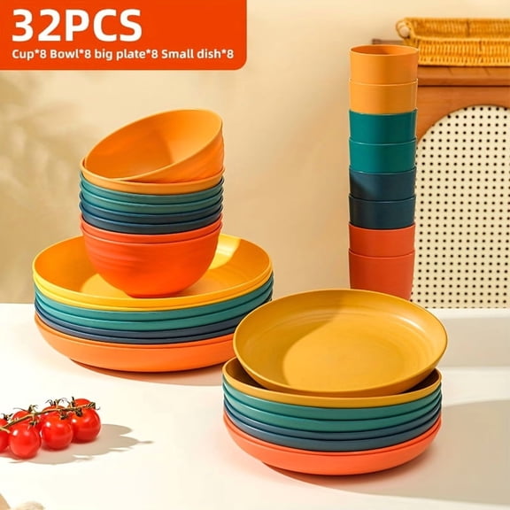 16/32pcs Kitchen Plastic Wheat Straw Tableware Set, 4/8 People, Plates, Dessert Plates, Cereal Bowls, Cups, Unbreakable Black Plastic Outdoor Camping Tableware, Black Wheat Straw Tableware