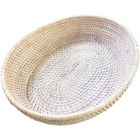 16" Oval White Rattan Fruit Serving Basket with 4inch High Wall,Home Décor Wicker Basket Tray Large Rattan Dining Table Centerpiece Bowl for Various Things,Bread,Snack,Odds and Ends