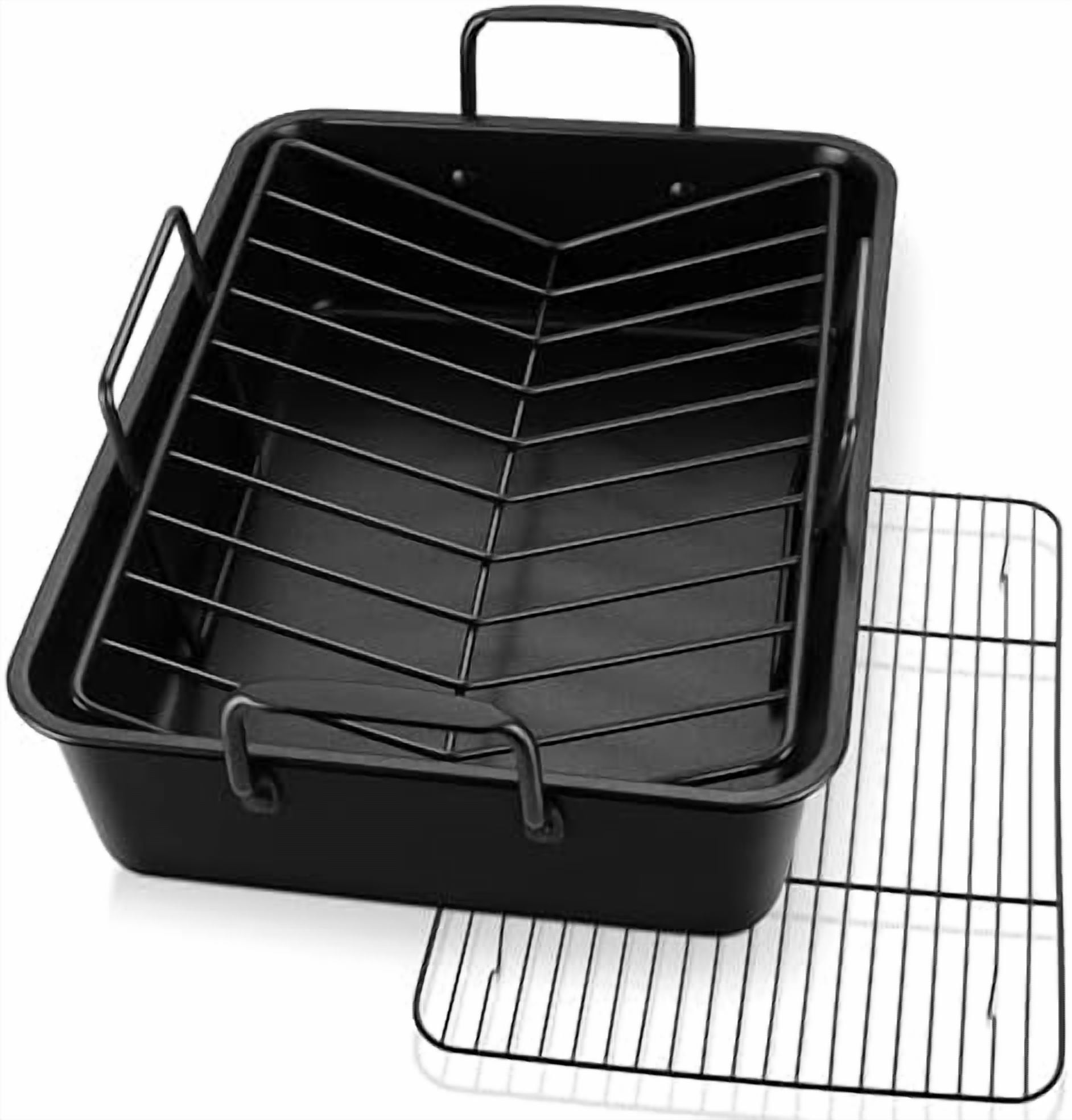 16" Roaster Roasting Pan with Baking Rack and V-shaped Rack, Stainless Steel Rectangular Lasagna Pan with Handles for Turkey Chicken, Healthy & Dishwasher Safe, 3 Pieces, Black