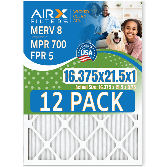 16.375x21.5x1 Air Filter MERV 8 Rating, 12 Pack of Furnace Filters Comparable to MPR 700 & FPR 5 - Made in USA by AIRX FILTERS WICKED CLEAN AIR.