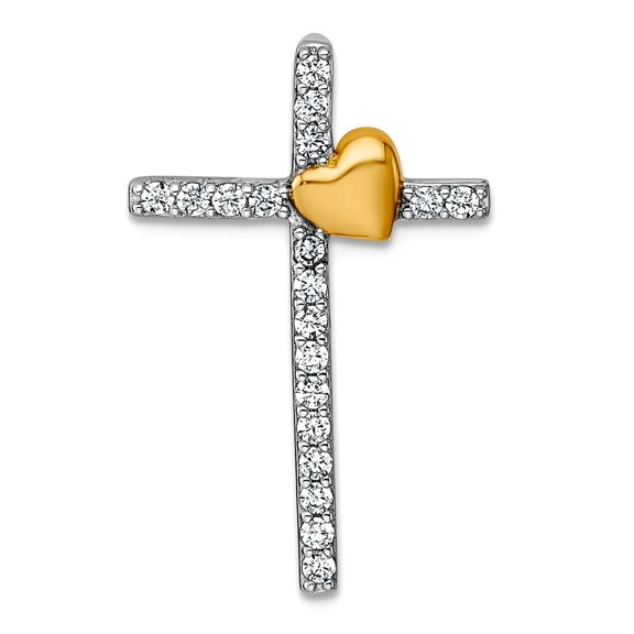 16.3mm 925 Sterling Silver Rhod Gold Plat Polished Cubic Zirconia Love Heart Religious Faith Cross Chain Slide Pendant C