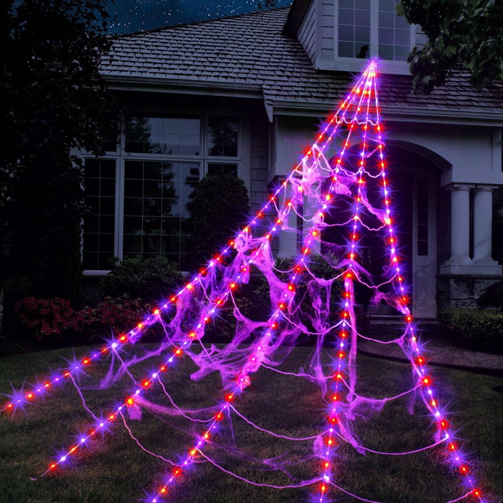16.4*15.7Ft, Halloween Spider Web Lights 135 LED Lighted Spider Web Large Halloween Decorations Light up with 8 Lighting Modes & IP65 Waterproof &Timer for Outdoor Indoor Yard Haunted House Decor