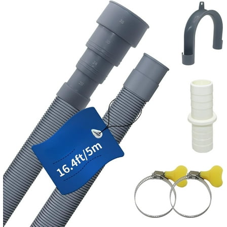 16.4 FT Washing Machine Drain Hose, Flexible Dishwasher Drain Hose Extension Kit, Universal Washer Drain Hose, Corrugated Washer Hose with 1 Adapter, 2 Hose Clamps, 1 U-Bend Hose Holder