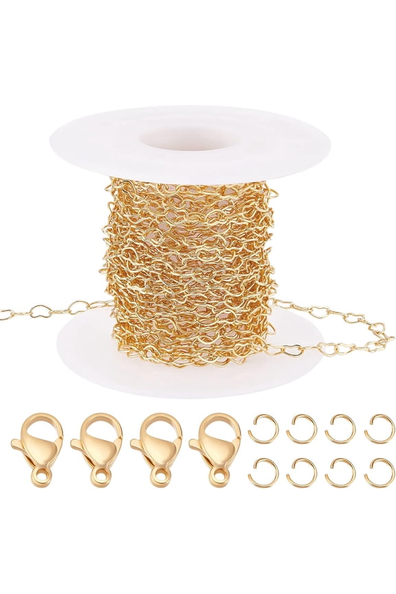 16.4 Feet 18K Gold Plated Brass Love Heart Link Chain 3x5x0.5mm Soldered Cable Chains with Spool Open Jump Rings Lobster Clasps for DIY Bracelet Necklace Jewelry Making for DIY